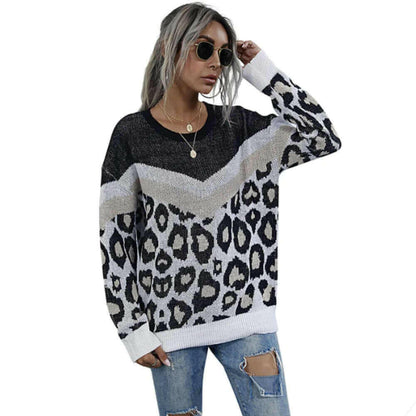 Womens Leopard Print Round Neck Sweater.