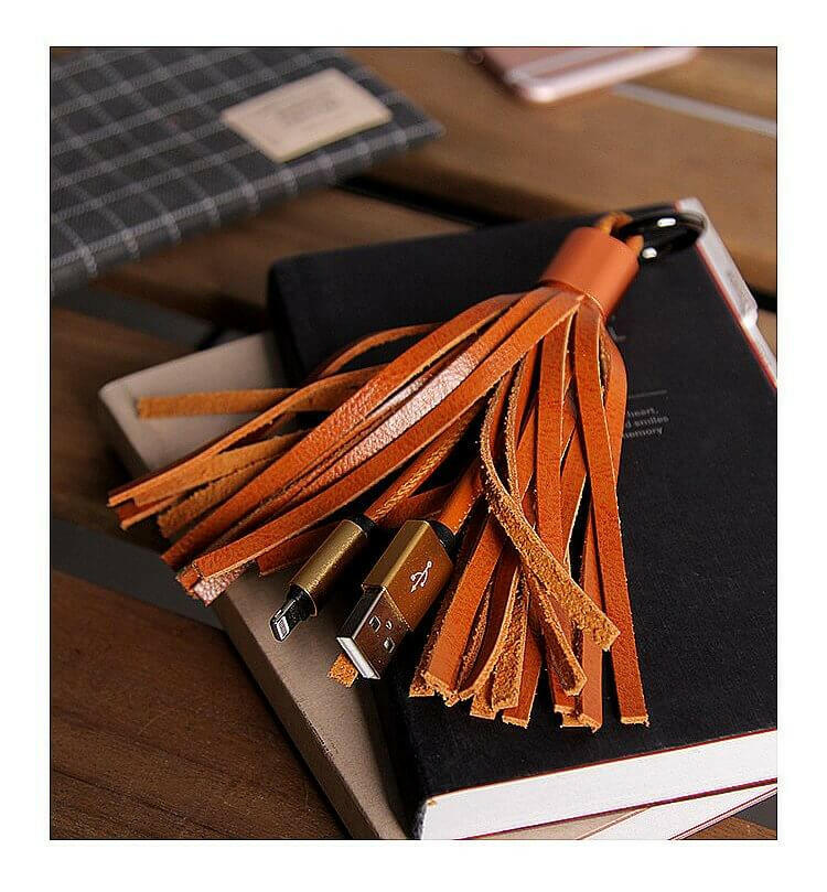 Leather Tassel Lightning Cable Keychain.