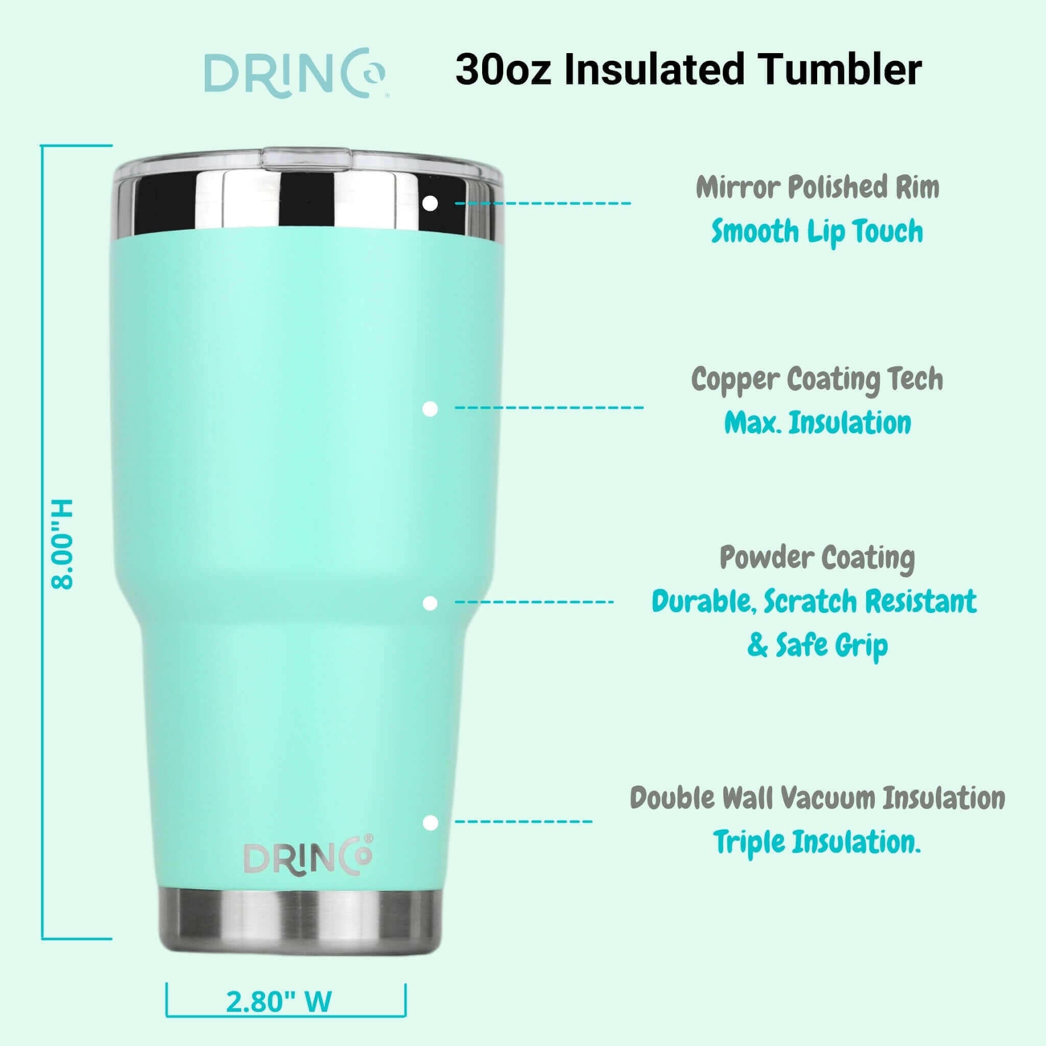 DRINCO® 30oz Insulated Tumbler Spill Proof Lid w/2 Straws (Teal).