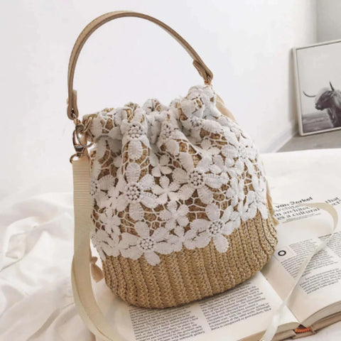 Summer Crossbody Straw Bucket with Lace.