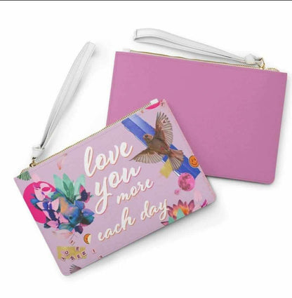 Love You More Each Day Floral Designed Zipped Clutch Bag.