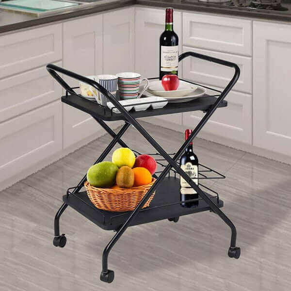 2-Tier Rolling Utility Cart with Wheels Bar Service Car With Wine Rack.