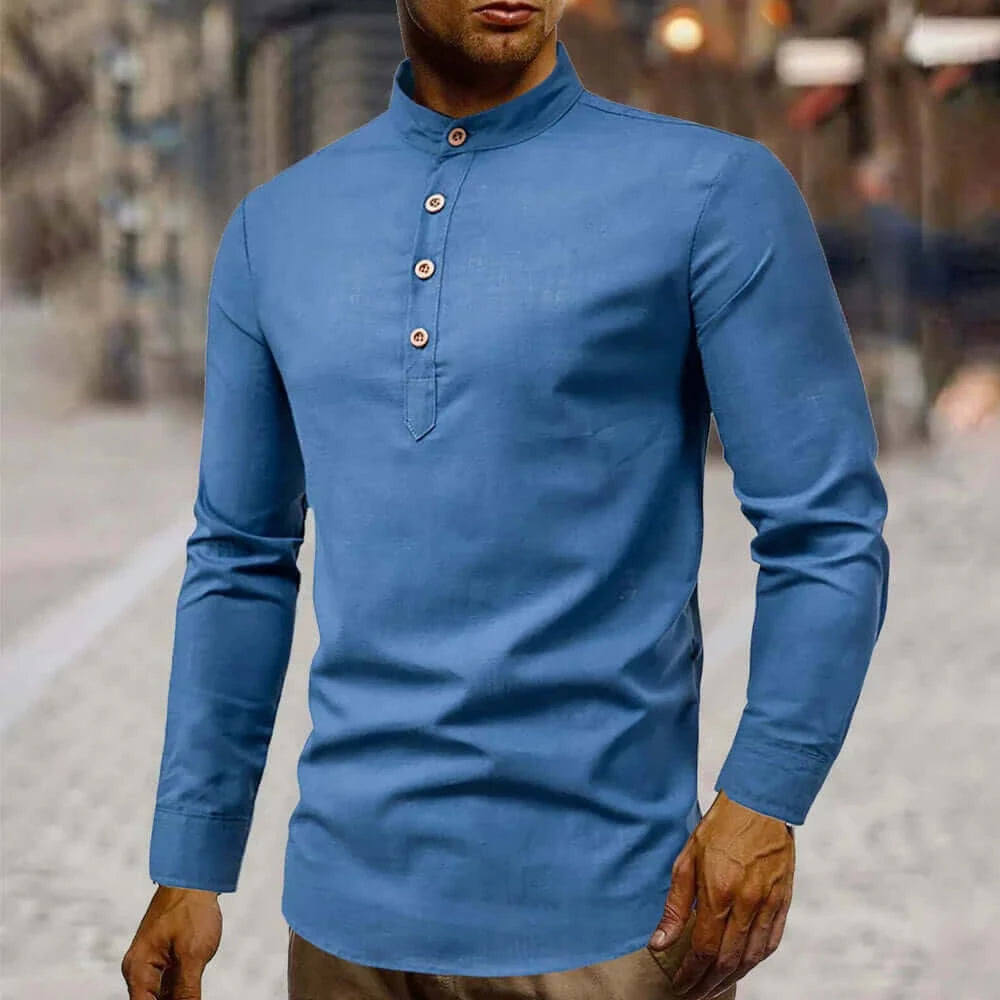 Mens Stand Collar Linen Shirt.