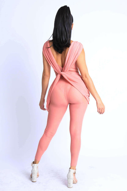 Sexy Sleeveless Lightweight Draped Mesh Jumpsuit Party Clubwear MAUVE.