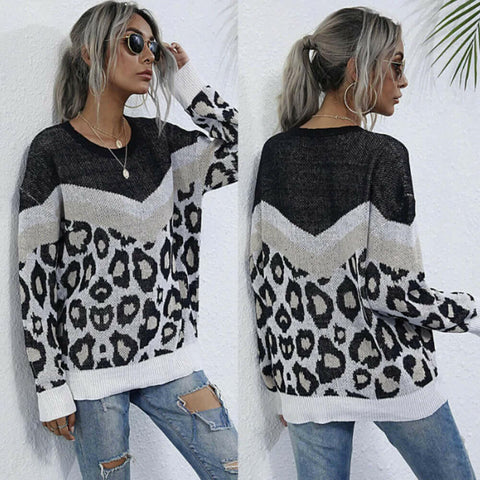 Womens Leopard Print Round Neck Sweater.