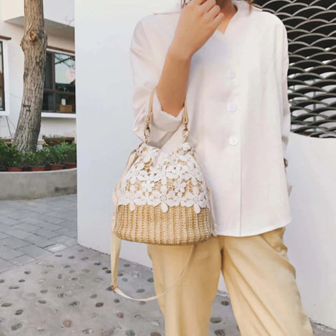 Summer Crossbody Straw Bucket with Lace.