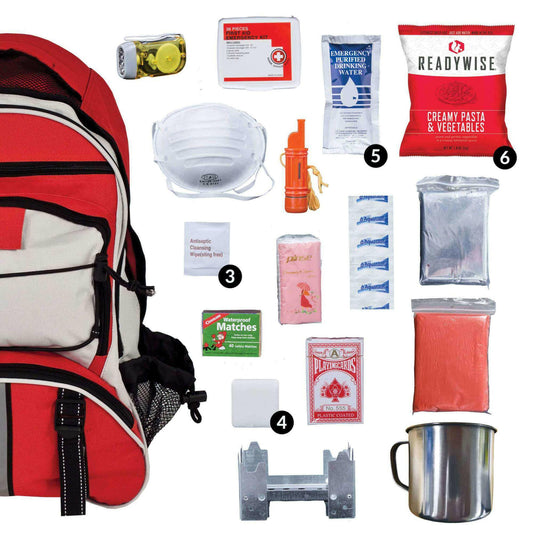 Red 64 Piece Survival Backpack.