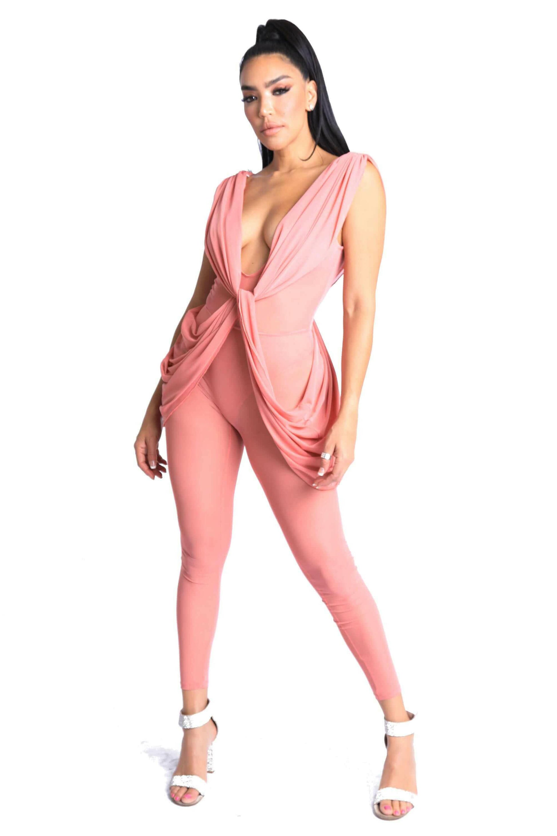 Sexy Sleeveless Lightweight Draped Mesh Jumpsuit Party Clubwear MAUVE.