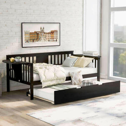 Twin Wooden Daybed with Trundle Bed Sofa Bed for Bedroom.