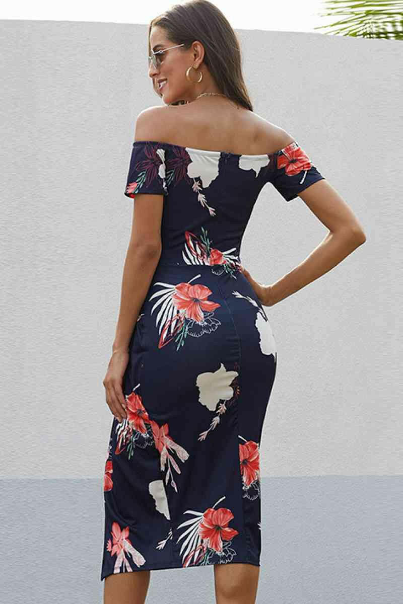 Navy Red Floral Print Short Sleeve Off Shoulder Midi Dress.