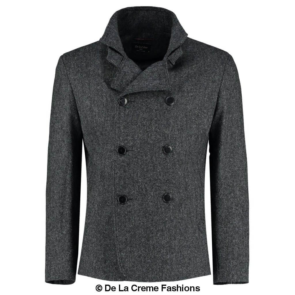 De La Creme MAN - Herringbone Tweed Blend Short Reefer Coat