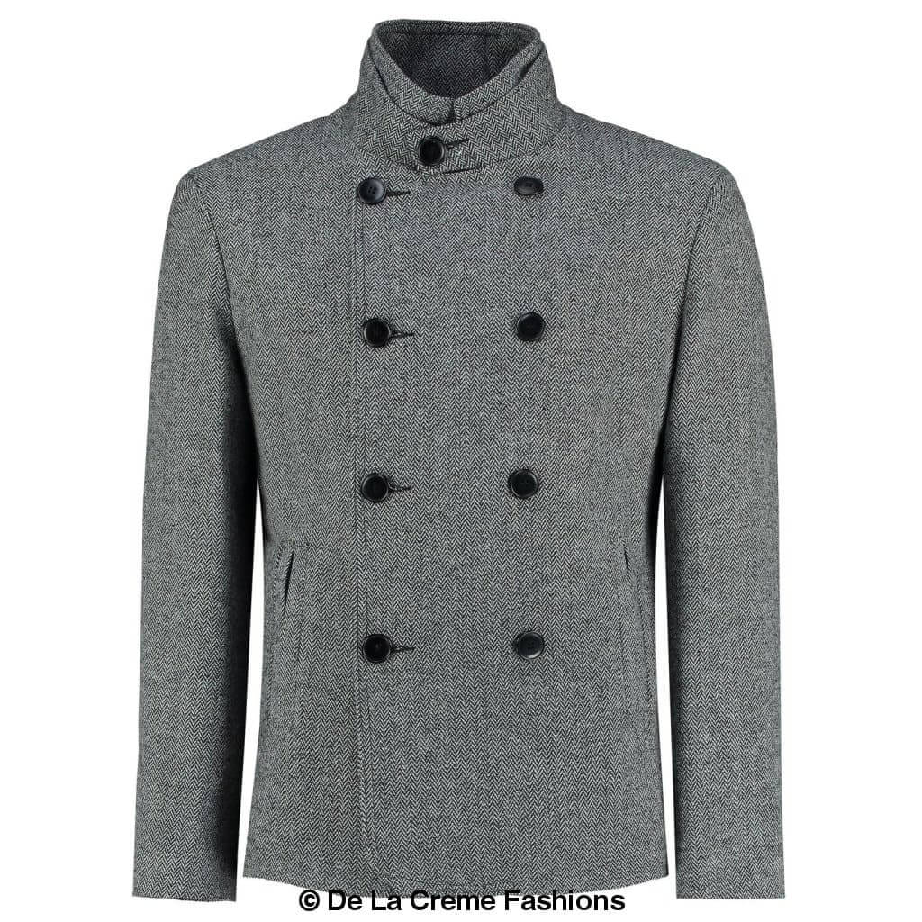 De La Creme MAN - Herringbone Tweed Blend Short Reefer Coat