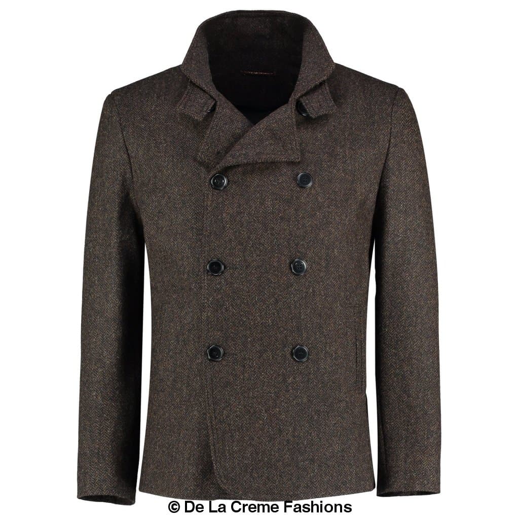 De La Creme MAN - Herringbone Tweed Blend Short Reefer Coat