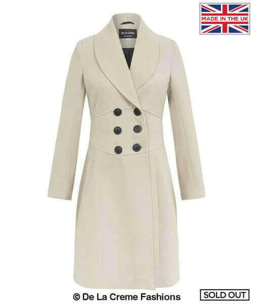 De La Creme - Womens Slim Fit Double Breasted Roll Collared Coat.