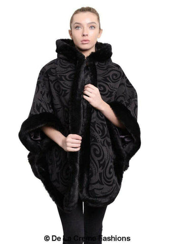 De La Creme - Women's Tribal Print Fur Lined Hooded Cape.