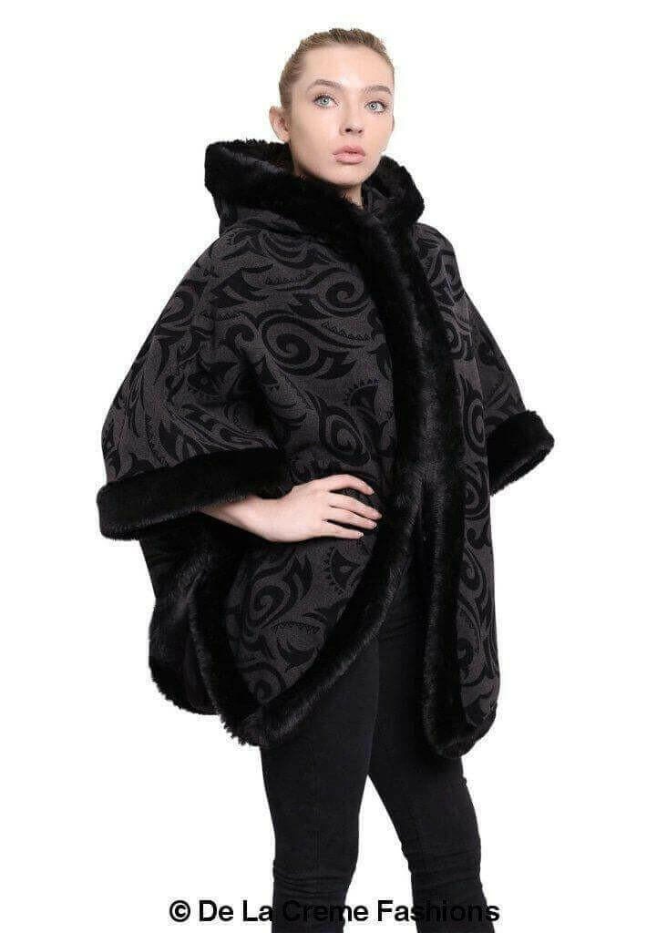 De La Creme - Women's Tribal Print Fur Lined Hooded Cape.