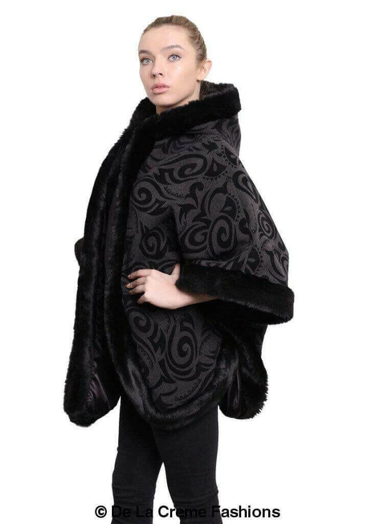 De La Creme - Women's Tribal Print Fur Lined Hooded Cape.