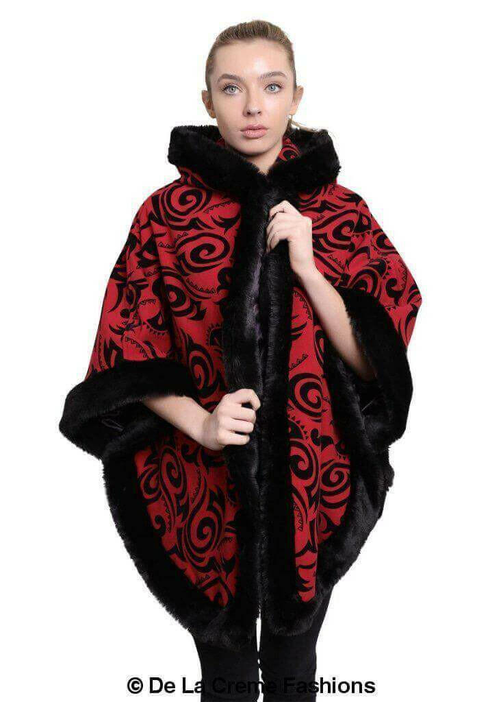 De La Creme - Women's Tribal Print Fur Lined Hooded Cape.