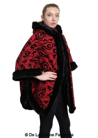 De La Creme - Women's Tribal Print Fur Lined Hooded Cape.