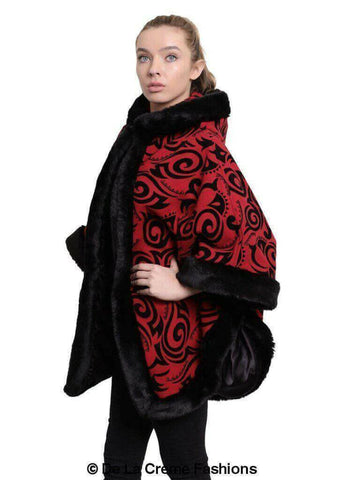 De La Creme - Women's Tribal Print Fur Lined Hooded Cape.