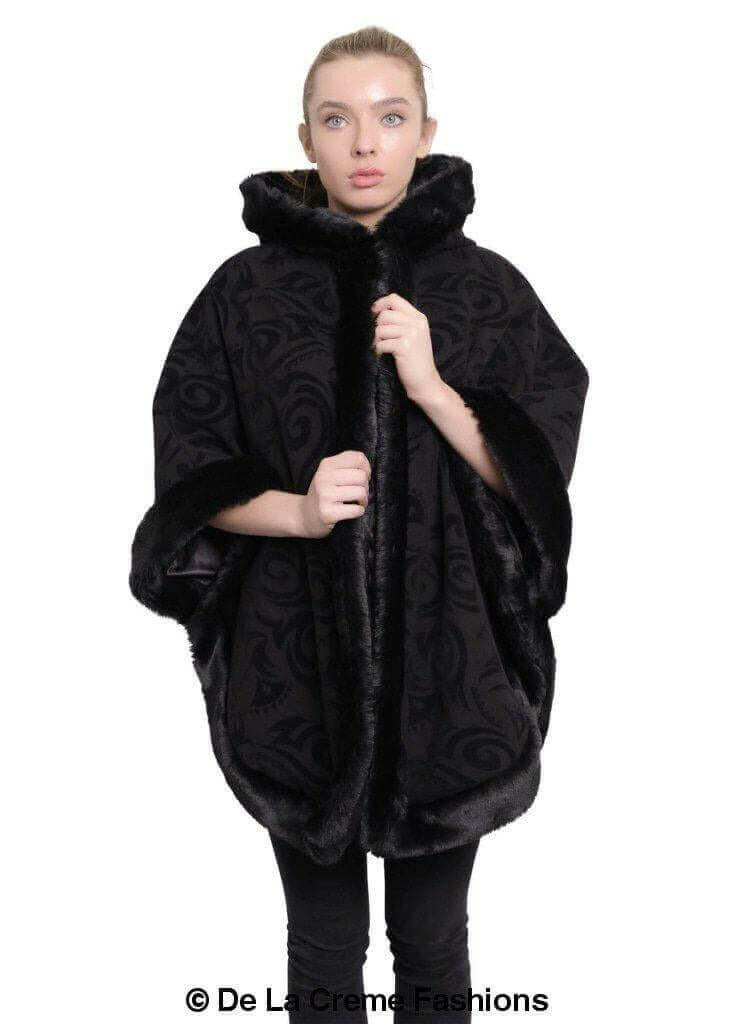 De La Creme - Women's Tribal Print Fur Lined Hooded Cape.