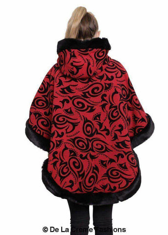 De La Creme - Women's Tribal Print Fur Lined Hooded Cape.