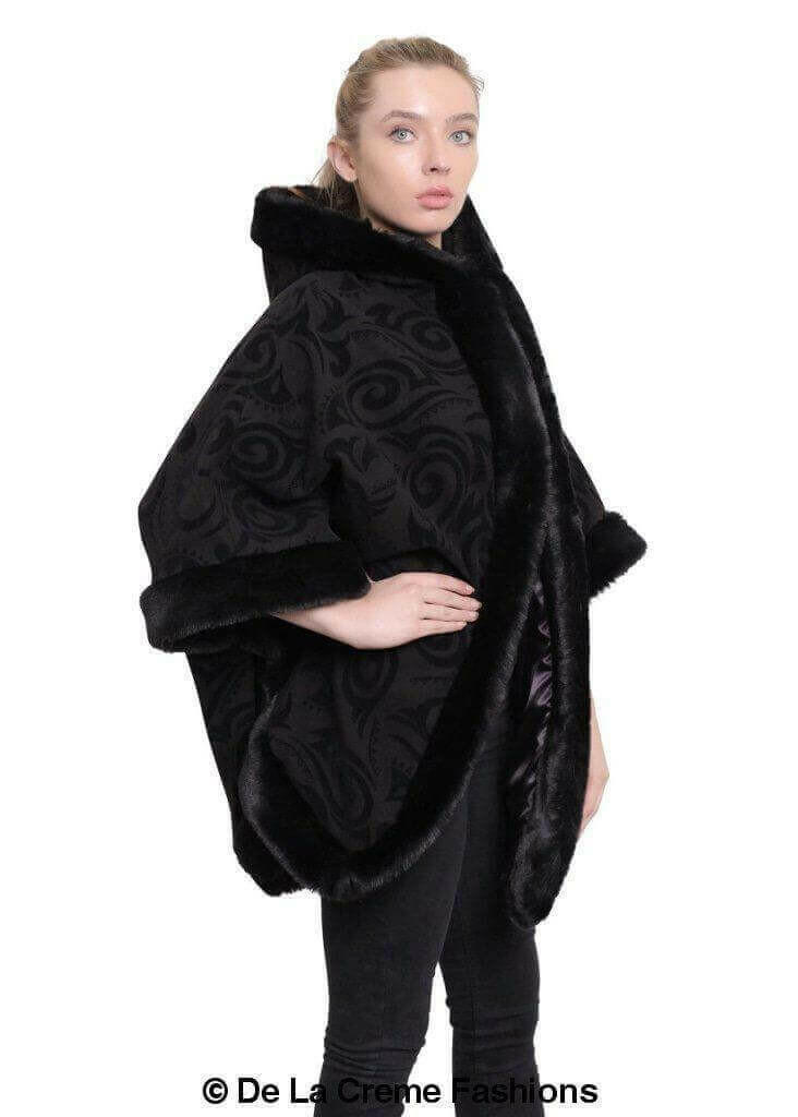 De La Creme - Women's Tribal Print Fur Lined Hooded Cape.