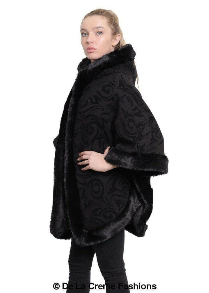 De La Creme - Women's Tribal Print Fur Lined Hooded Cape.