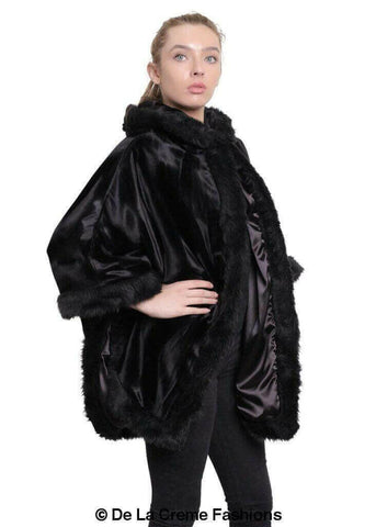 De La Creme - Women's Tribal Print Fur Lined Hooded Cape.