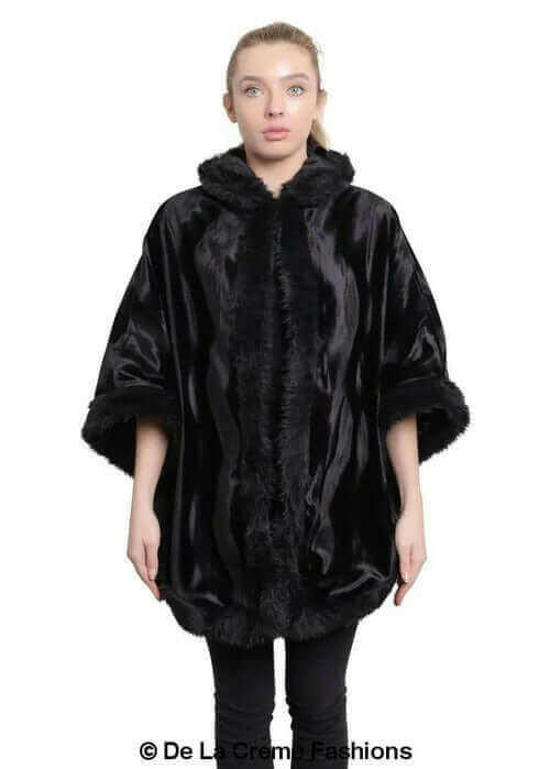 De La Creme - Women's Tribal Print Fur Lined Hooded Cape.