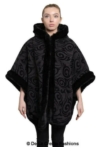 De La Creme - Women's Tribal Print Fur Lined Hooded Cape.