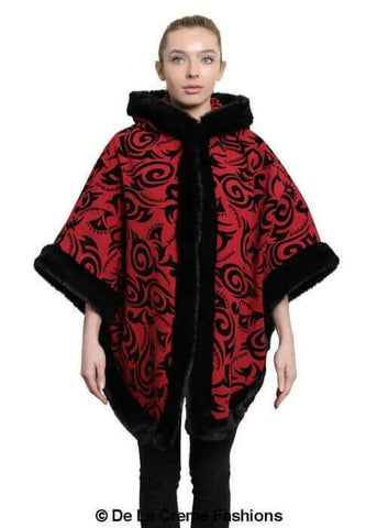 De La Creme - Women's Tribal Print Fur Lined Hooded Cape.