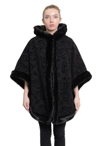 De La Creme - Women's Tribal Print Fur Lined Hooded Cape.