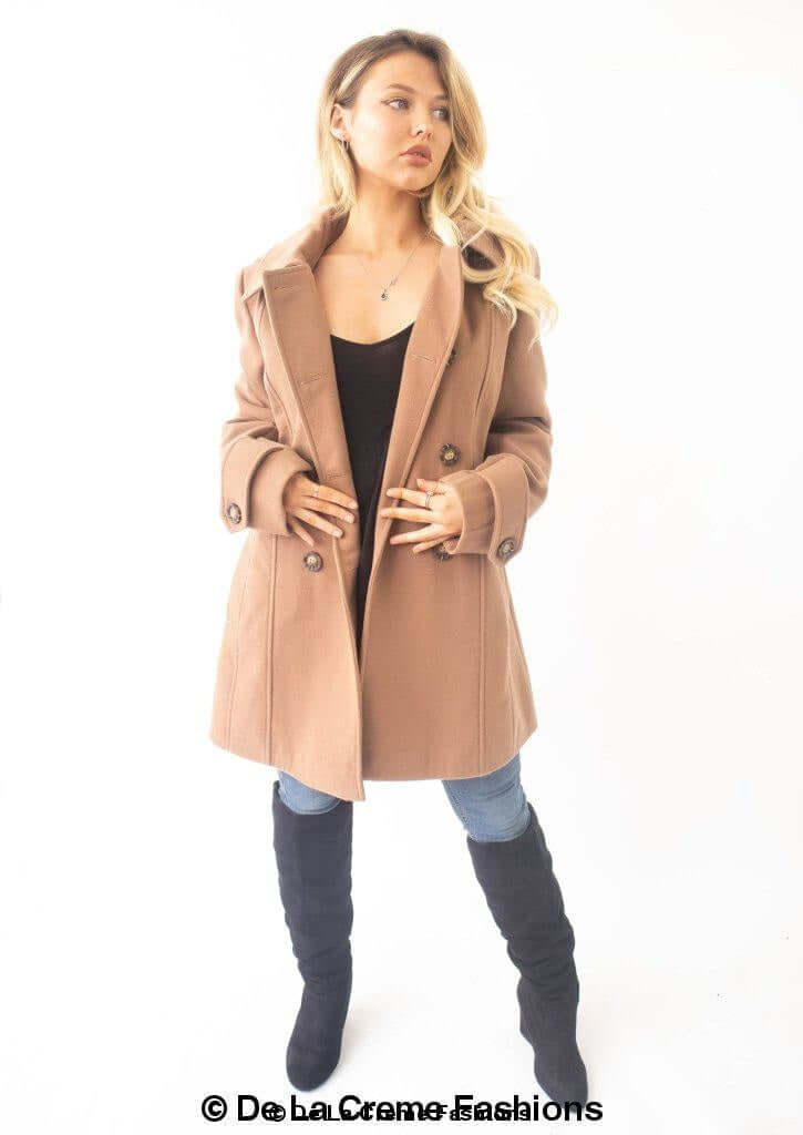 Womens Wool Feel Double Breasted Hooded Coat