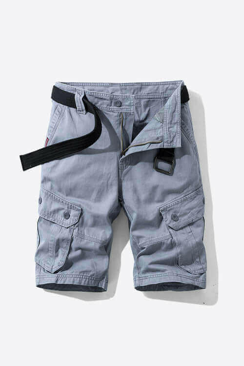 Button and Zip Closure Belted Cargo Shorts.