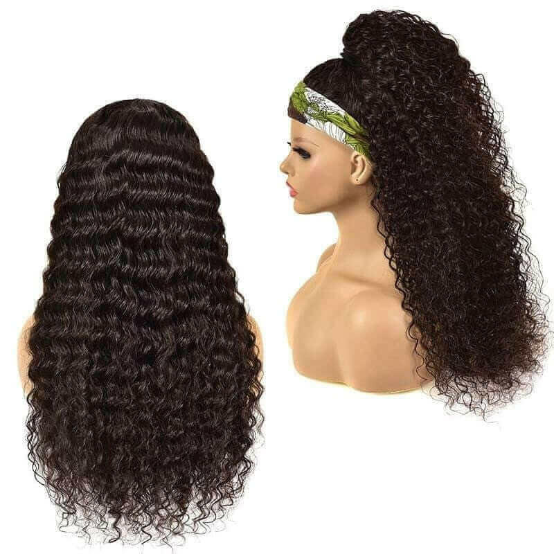 Headband Wig Deep Wave Human Hair Scarf Wig No GLUE Easy Wear.