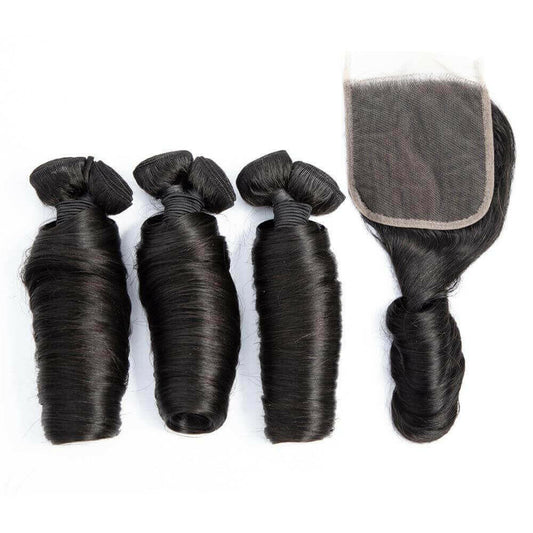 10A Grade 3/4 Straight Bouncy Curl Fumi Human Hair bundles with 4x4 Cl.