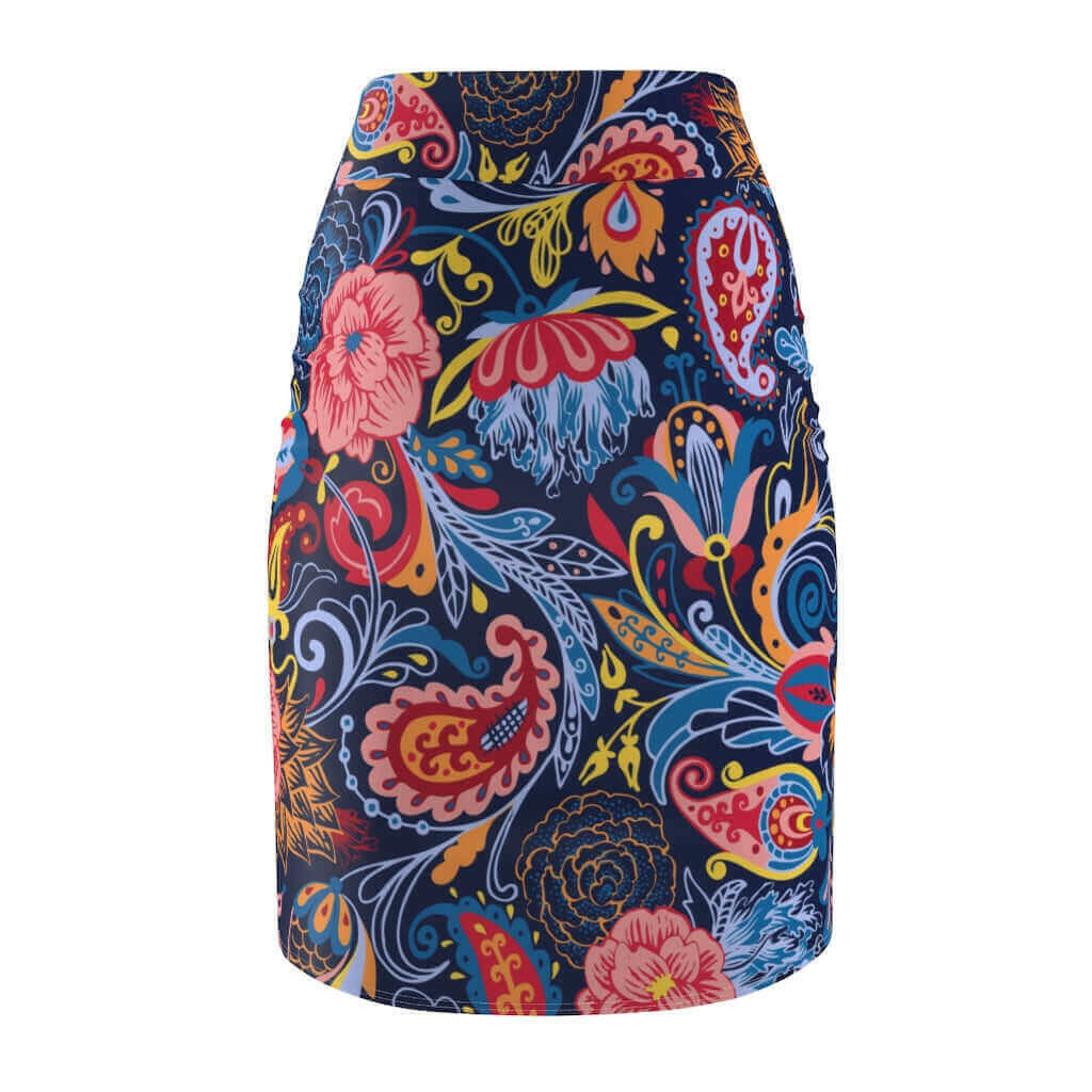 Womens Pencil Skirt, High Waist Stretch, Multicolor Floral Print.