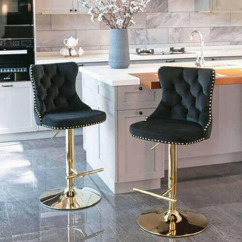 Set of 2 Modern Adjustable Velvet Swivel Bar Stools.