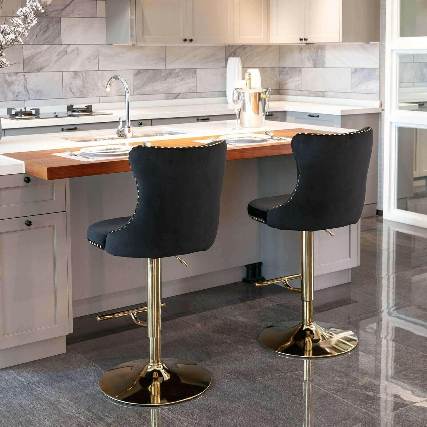 Set of 2 Modern Adjustable Velvet Swivel Bar Stools.