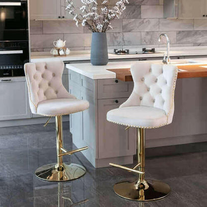 Set of 2 Modern Adjustable Velvet Swivel Bar Stools.