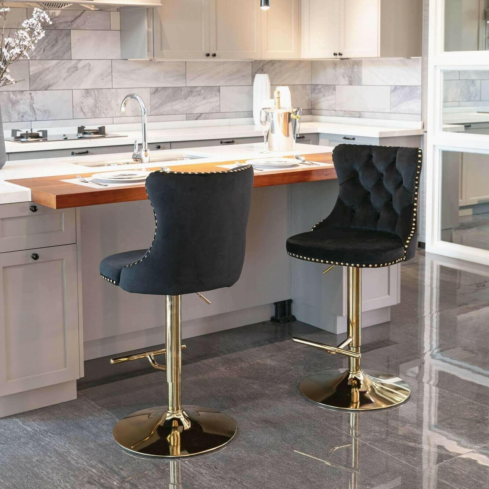 Set of 2 Modern Adjustable Velvet Swivel Bar Stools.