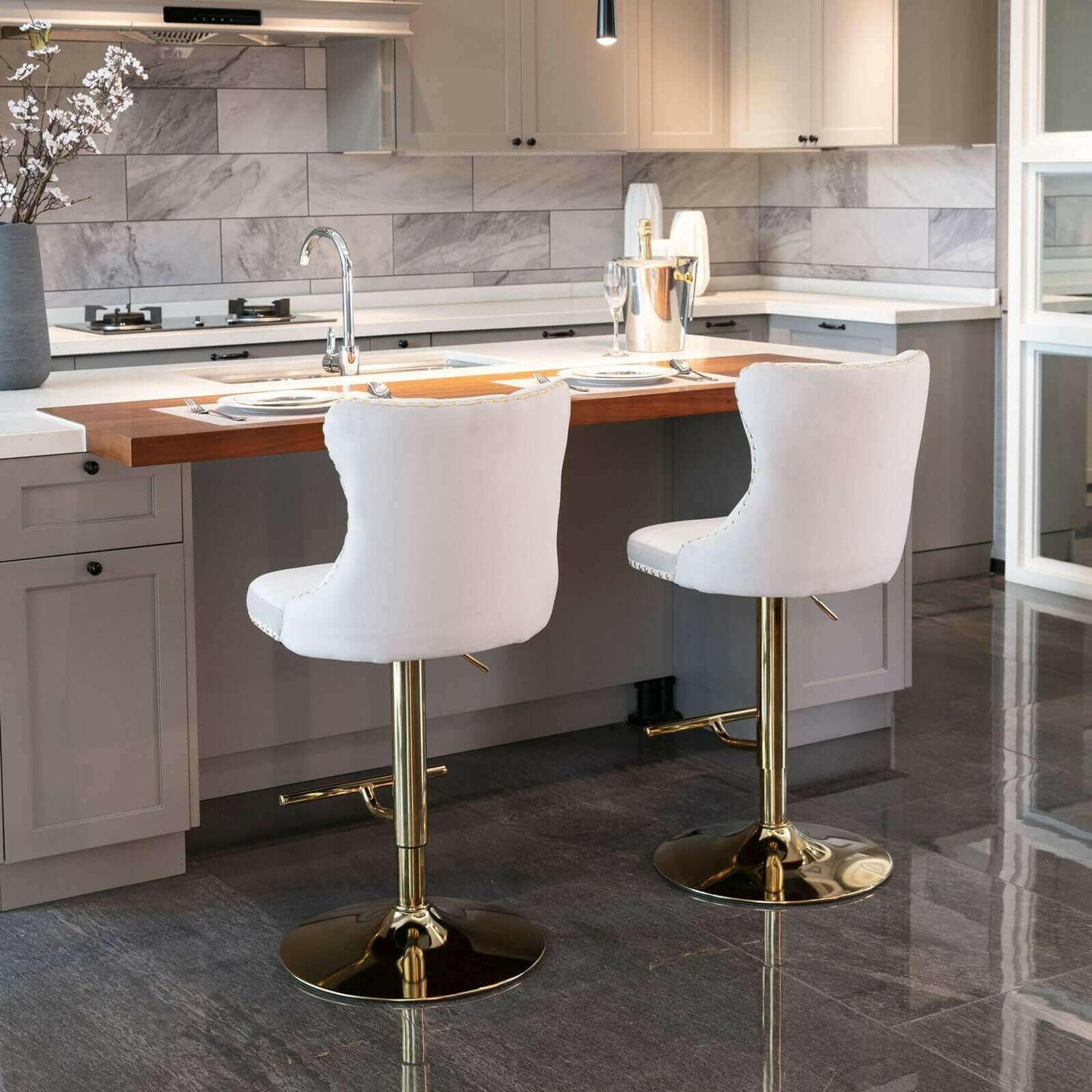 Set of 2 Modern Adjustable Velvet Swivel Bar Stools.