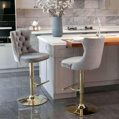 Set of 2 Modern Adjustable Velvet Swivel Bar Stools.