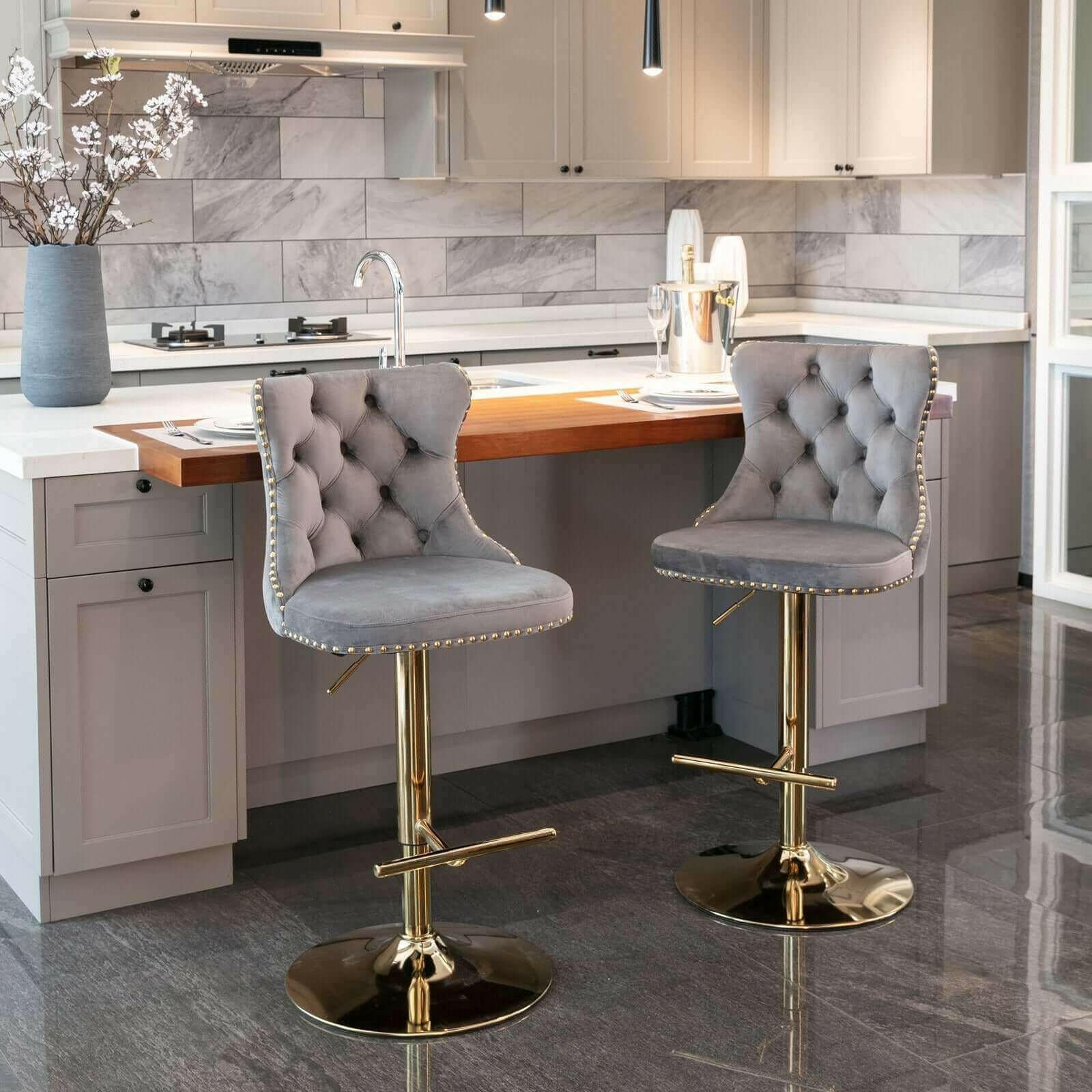 Set of 2 Modern Adjustable Velvet Swivel Bar Stools.