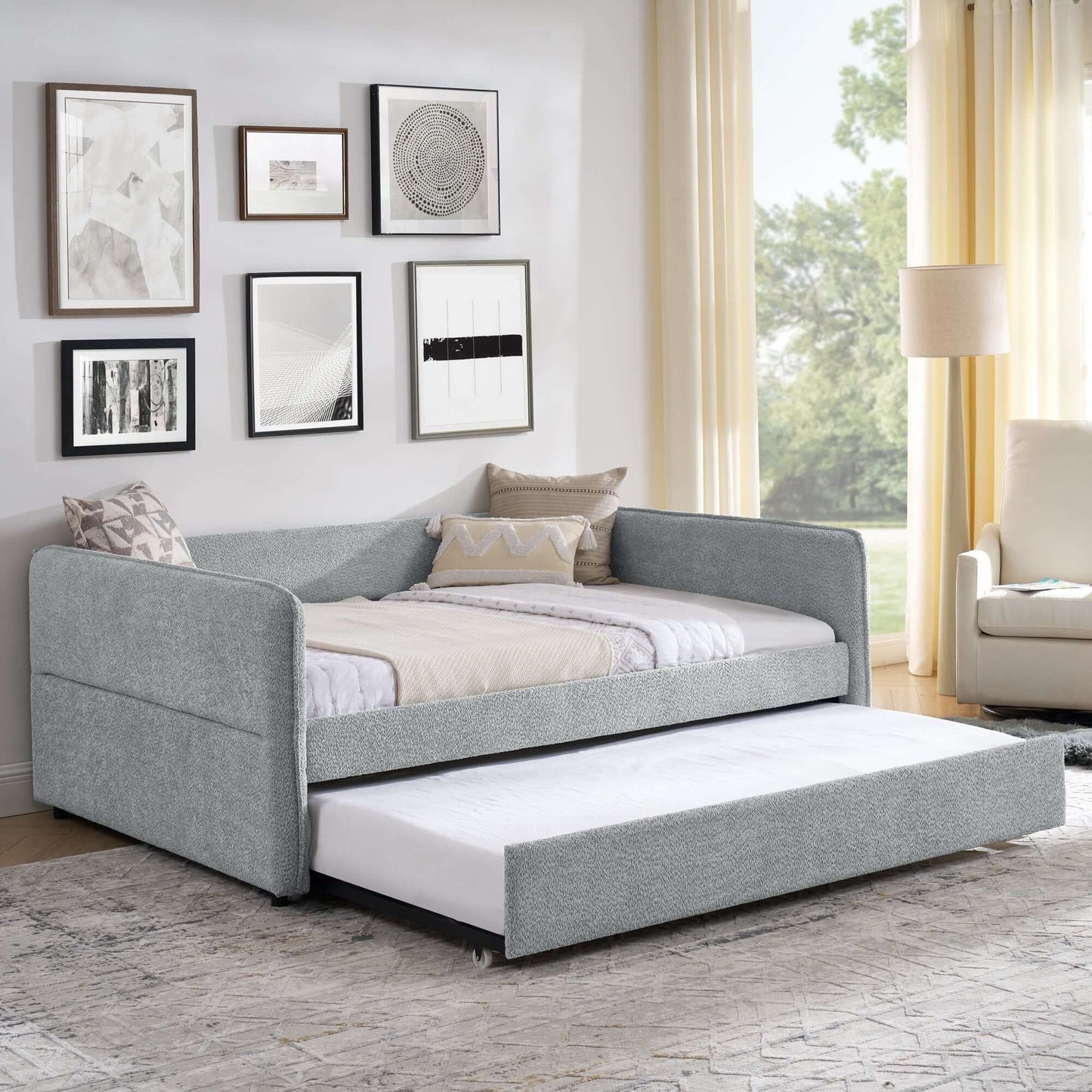 Daybed with Trundle Upholstered Tufted Sofa Bed, Full Size, Boucle