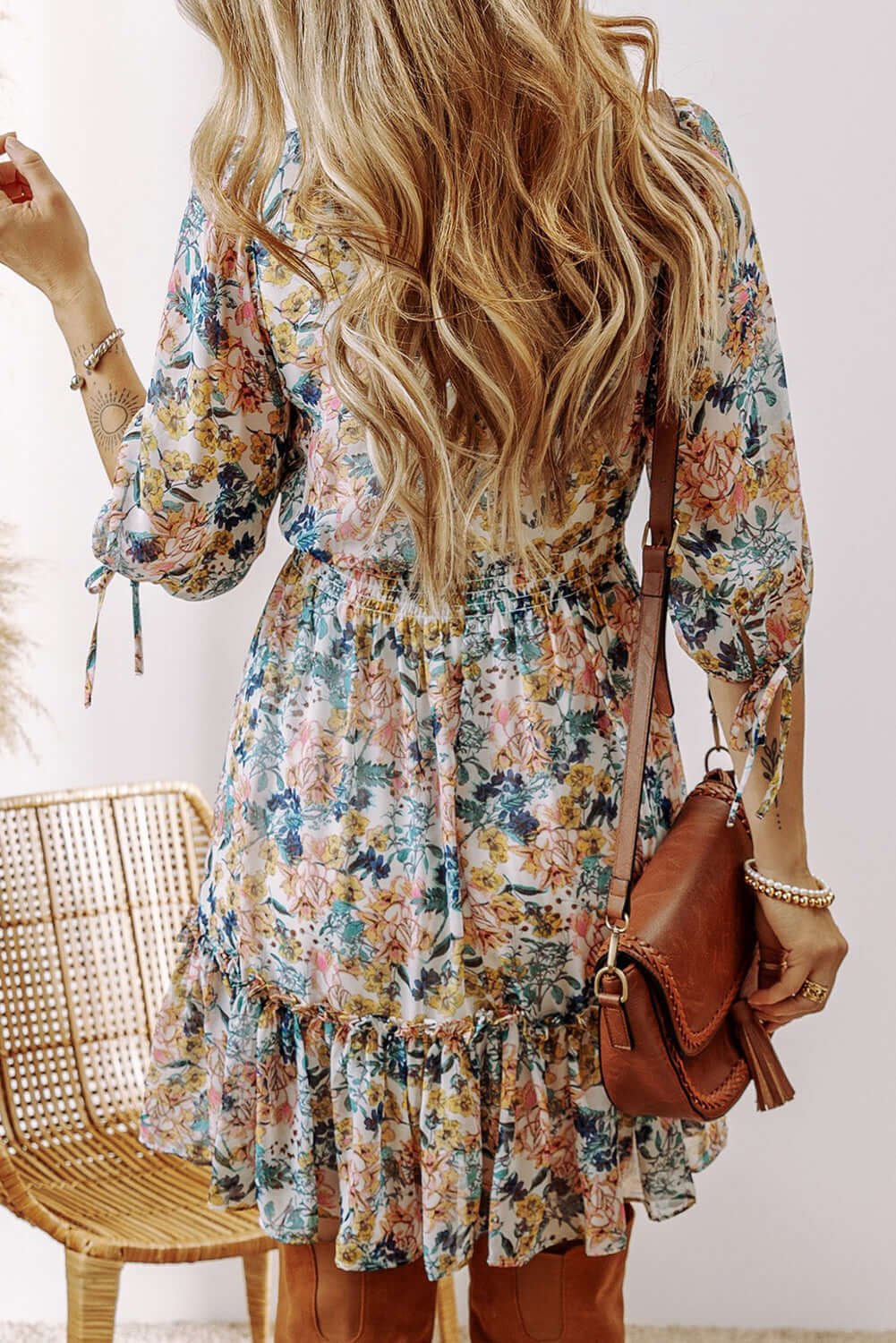Floral 3/4 Sleeve V-Neck High Waist Ruffle Dress