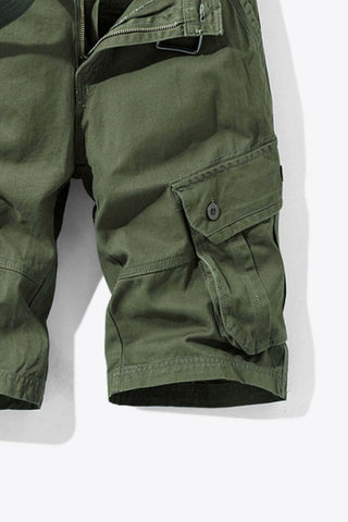 Button and Zip Closure Belted Cargo Shorts.