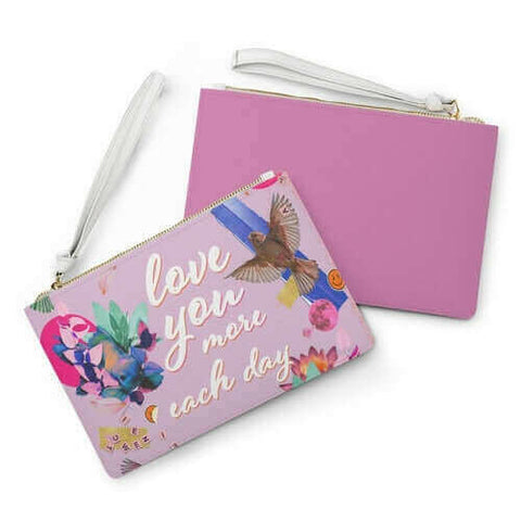 Love You More Each Day Floral Designed Zipped Clutch Bag.