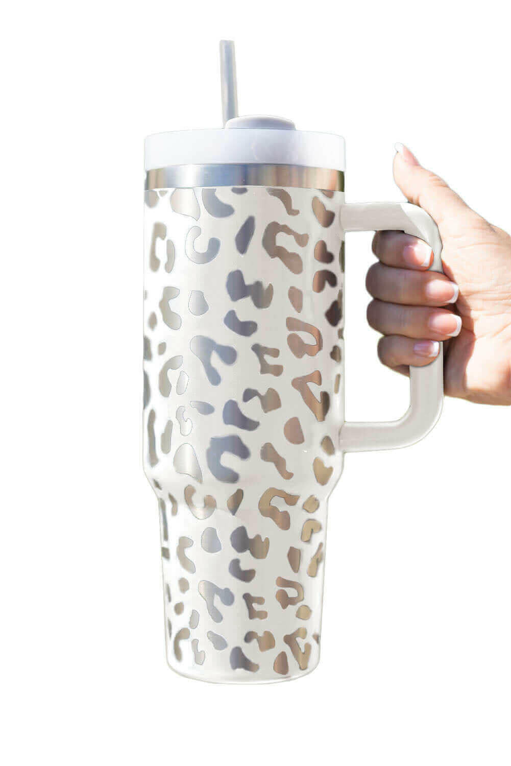 White Leopard Print 40OZ Stainless Steel Portable Cup with Handle.